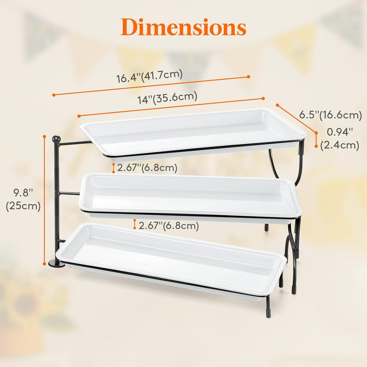 Lifewit 3 Tier Serving Tray, 14" x 6.5" White Plastic Tiered Food Serving Platters, Rotatable Tiered Tray Stand for Party with Black Collapsible Metal Stand, Dessert Table Stands for Cookies, Crackers