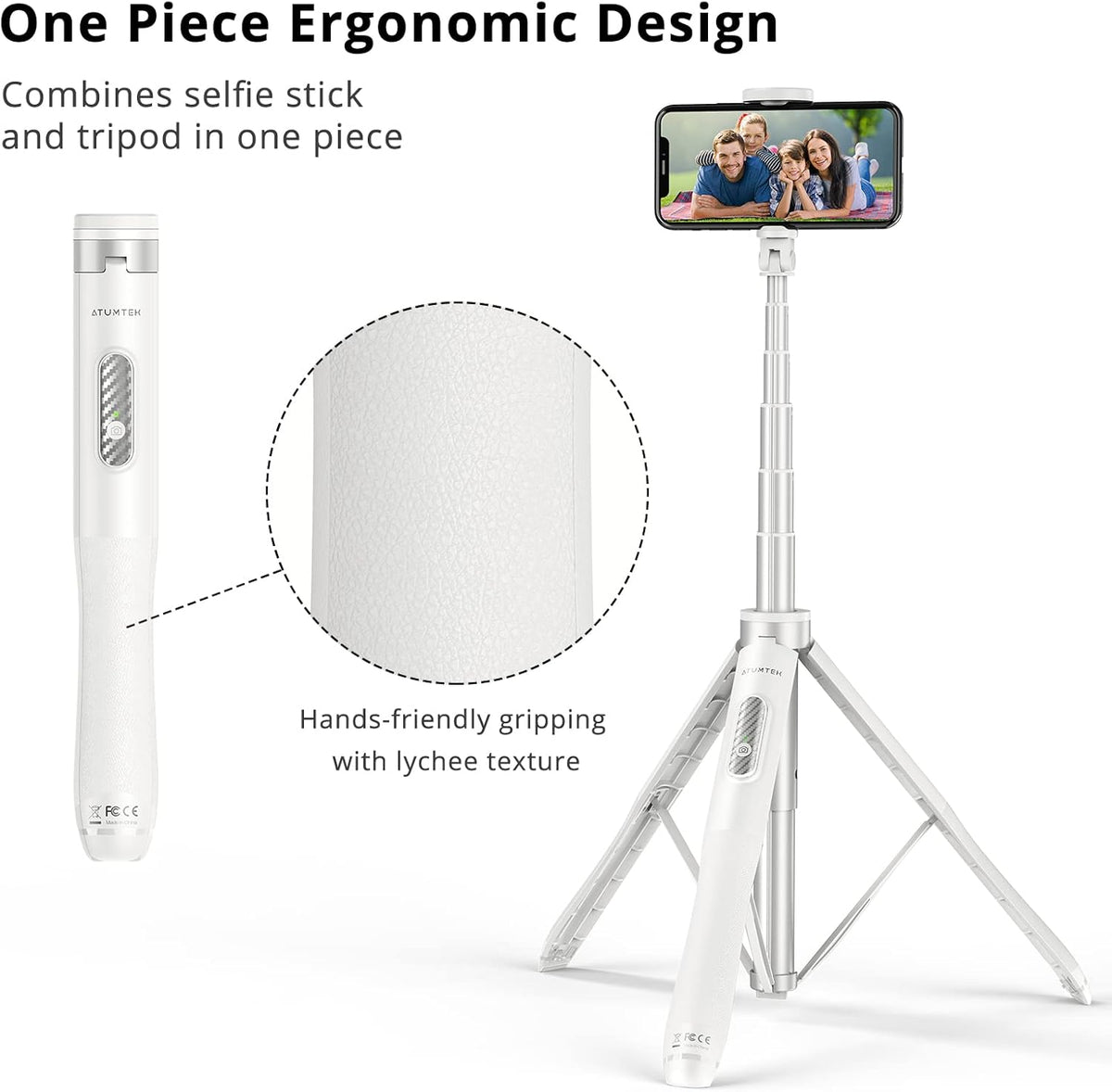 ATUMTEK 51" Selfie Stick Tripod, All in One Extendable Phone Tripod Stand with Bluetooth Remote 360° Rotation for iPhone and Android Phone Selfies, Video Recording, Vlogging, Live Streaming, White