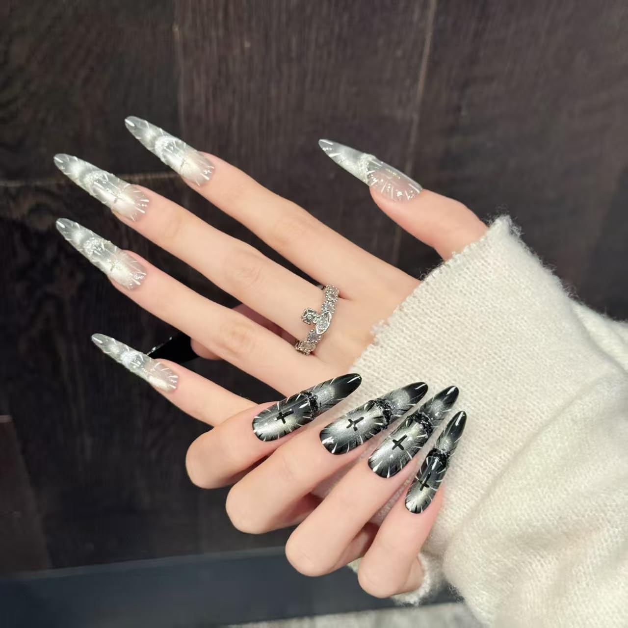 Gothic Fake Nails Set | Stiletto Almond Fake Nails with Silver Crackle & Black Gradient | Long Press on Nails for Women | Dark Aesthetic Nail Art(M)