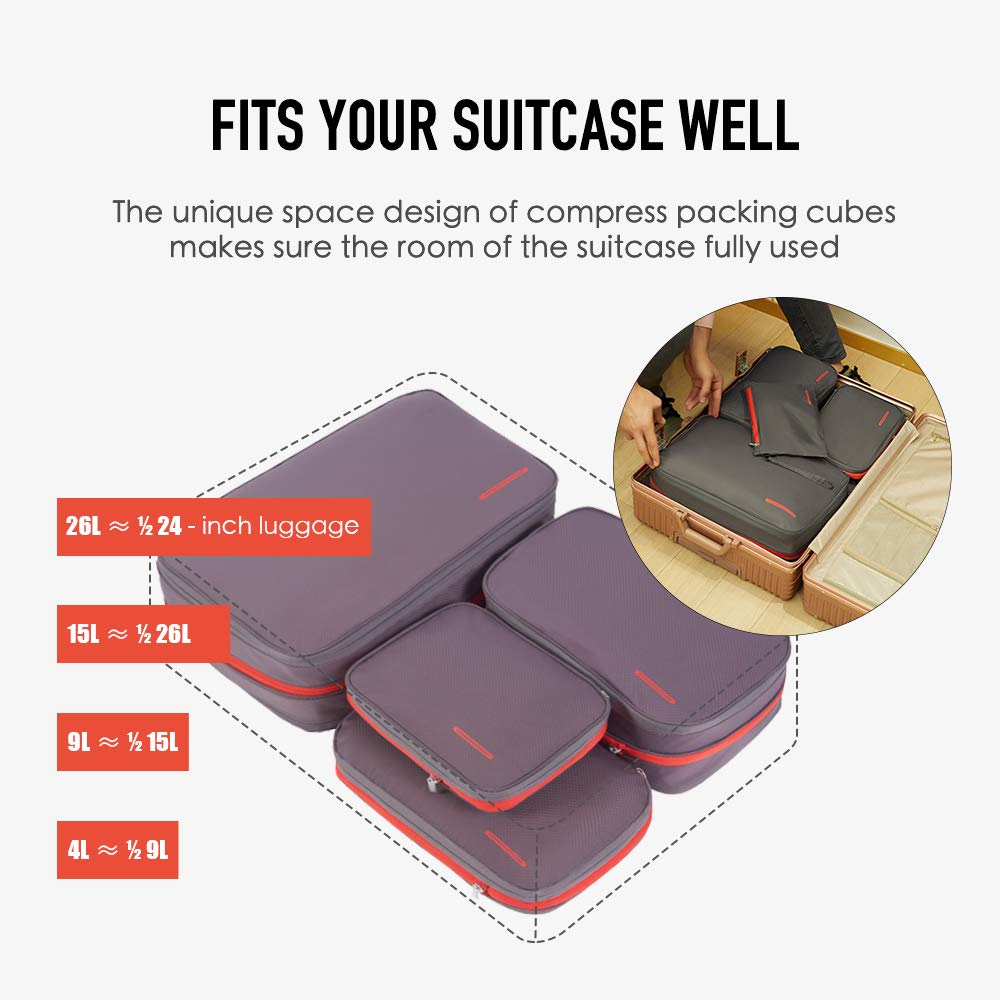 BeeNesting Compression Packing Cubes for travel carry on WaterProof Double Sided Small compressable packing bags 9L/GrayRed