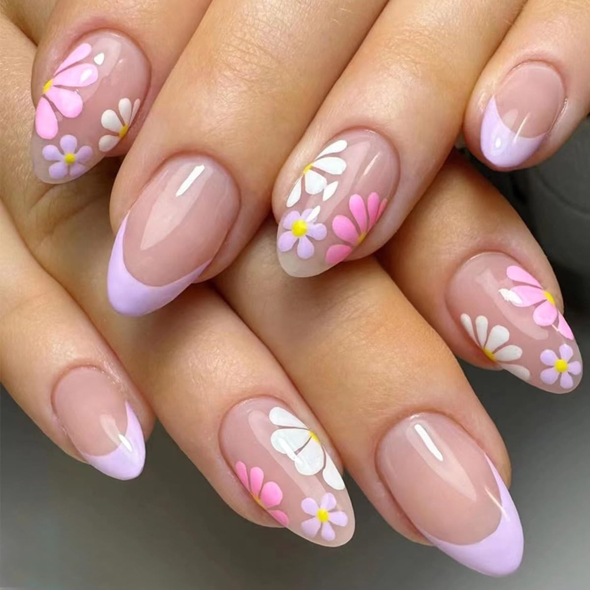 6 Packs (144 Pcs) Almond, Flower & Leaf Press on Nails - Short, Medium Sizes - 6 Styles - Fake Nails Kit for Women