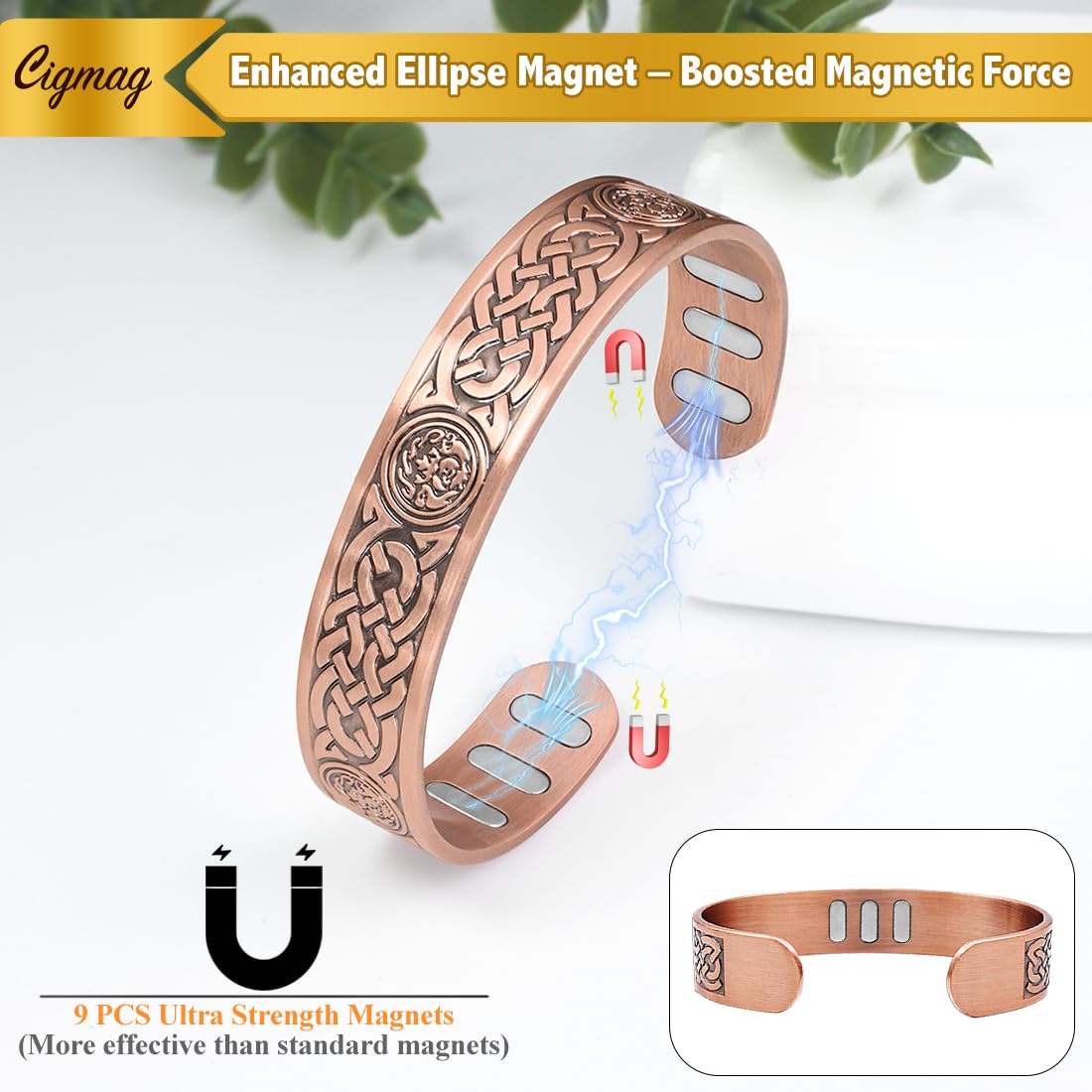 Cigmag Copper Bracelet for Men, with Powerful 9X 5000 Gauss Magnets, Adjustable Solid Pure Copper (Celtic Knot 2)