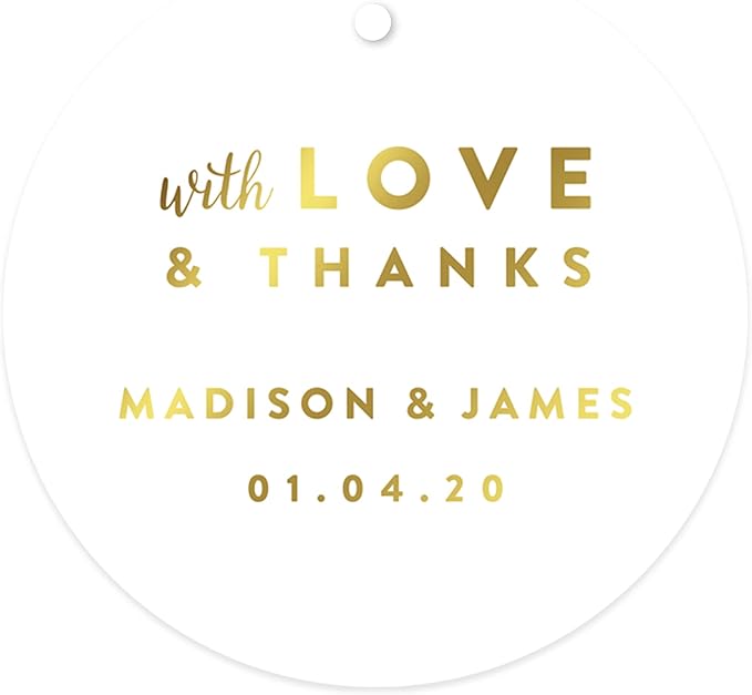 Andaz Press Personalized Round Circle Wedding Gift Tags, Metallic Gold Ink, with Love and Thanks, 24-Pack, Custom Made Any Name