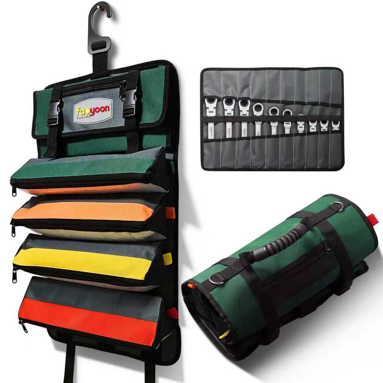 Faoyoon Heavy Duty Roll Up Tool Bag, Heavy Duty See-Through Tool Roll Organizer, 5 Color Coded Detachable Pouches & Wrench Roll, Portable Mechanic & Motorcycle Tool Bag, Birthday & Father’s Day Gift