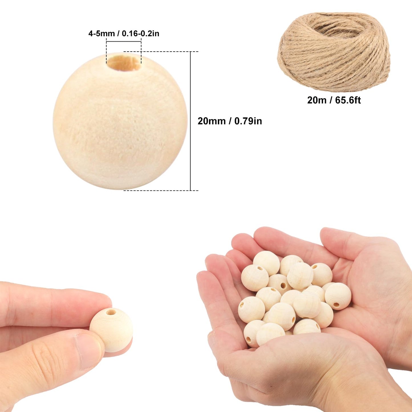 Yiksonyo 700 PCS 20 mm Wooden Beads with Hole, Beige Round Wooden Beads for Crafts, DIY Projects, and Home Decoration