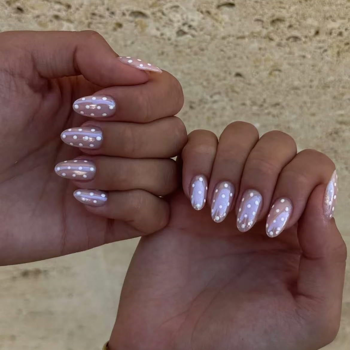 Handmade French tip Press on Nails Medium style Almond Fake Nails with Glue Full Cover Glossy False Nails Stick on Nails for Women Manicure Aurora Powder Decoration White polka dots 10PCS (MT-137-M)