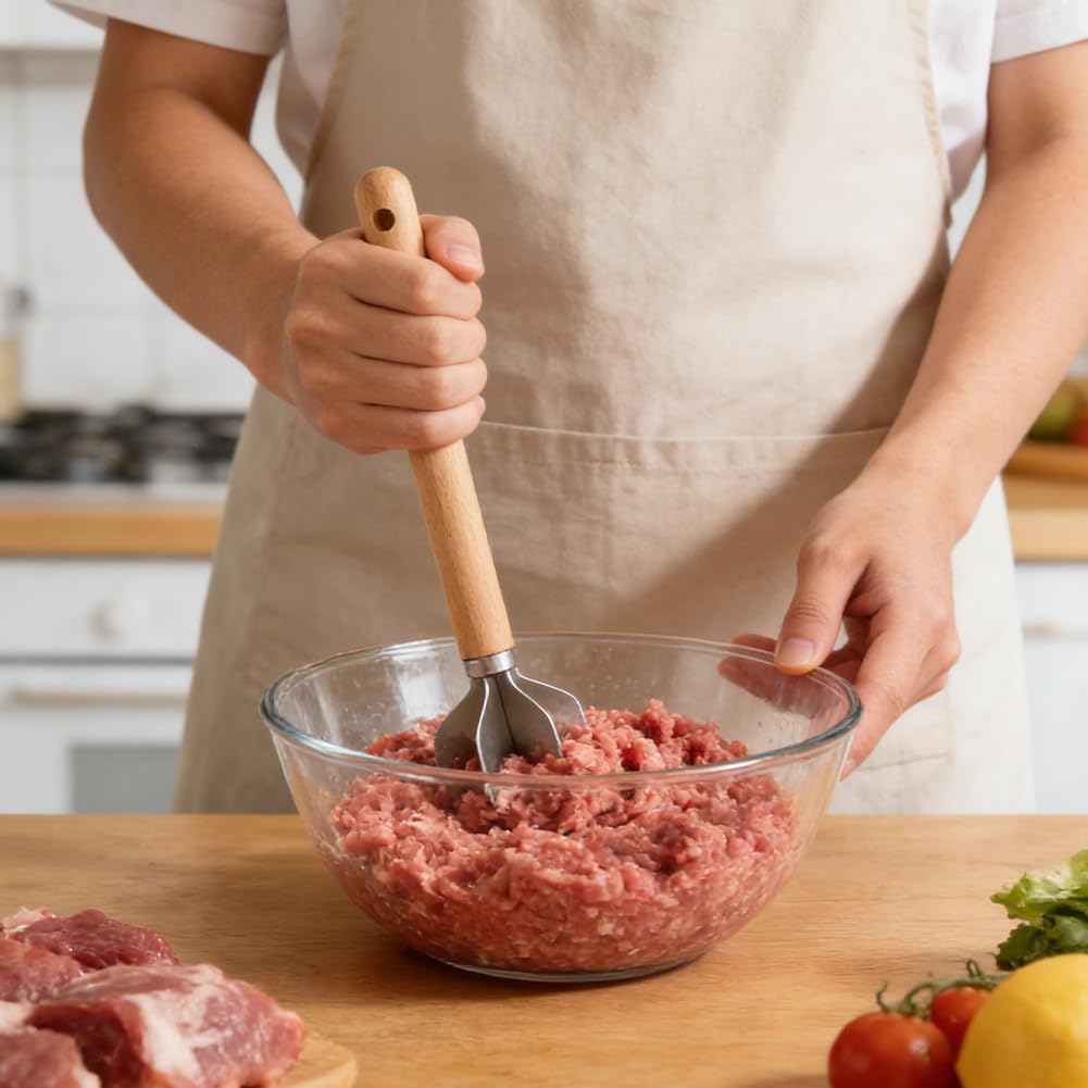 Zorivane Stainless Steel Meat Chopper with Hook, 6 Blades Meat Masher Ground Beef Chopper Tool, 11 inch Hamburger Smasher Potato Masher Meats Pounder Multi-Purpose Kitchen Tool