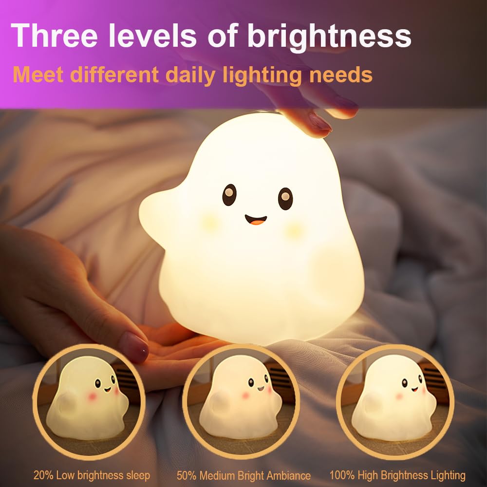 Ghost Night Light for Kids,Halloween Night Light with 13 Interactive Sound Effects ,Cute Silicone Light with 3 Levels of Brightness,Suitable for Indoor Halloween Decorations and Family (white ghost 1)