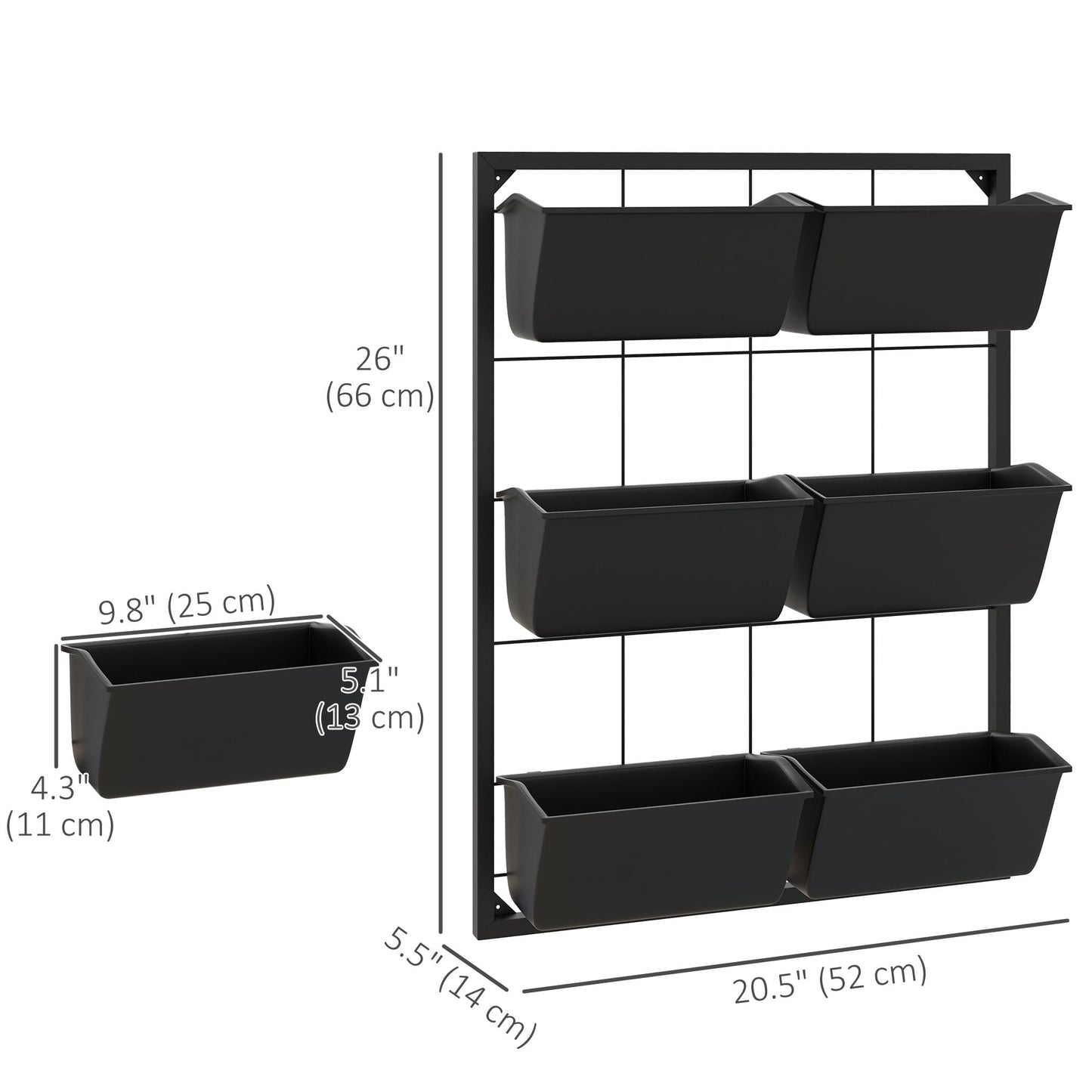 Outsunny 3-Tier Wall Planter with 6 Pots for Indoor and Outdoor Use, Hanging Plant Holder, Self Draining Wall Mounted Planter for Vegetables, Flowers, Herbs, Black
