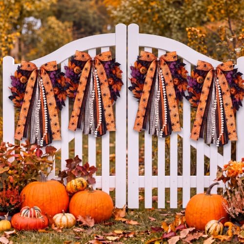 Suncalla 2 Pcs Halloween Orange Spider Web Ribbon Bow for Wreath Front Door