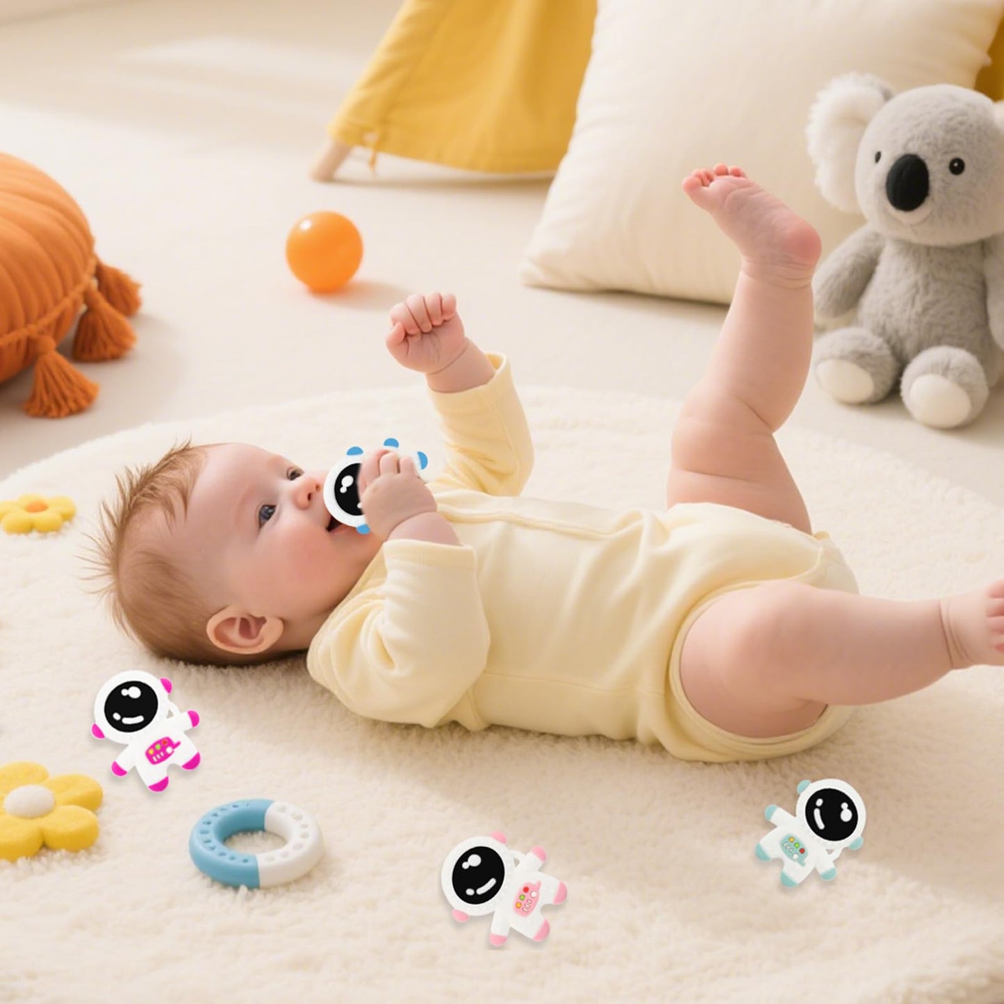 Cuxnoo Baby Teething Spaceman Toy for 3+ Months Infants Sucking, Food Grade Silicon Astronaut Styling Teether, BPA Free (4 in 1 Pack)