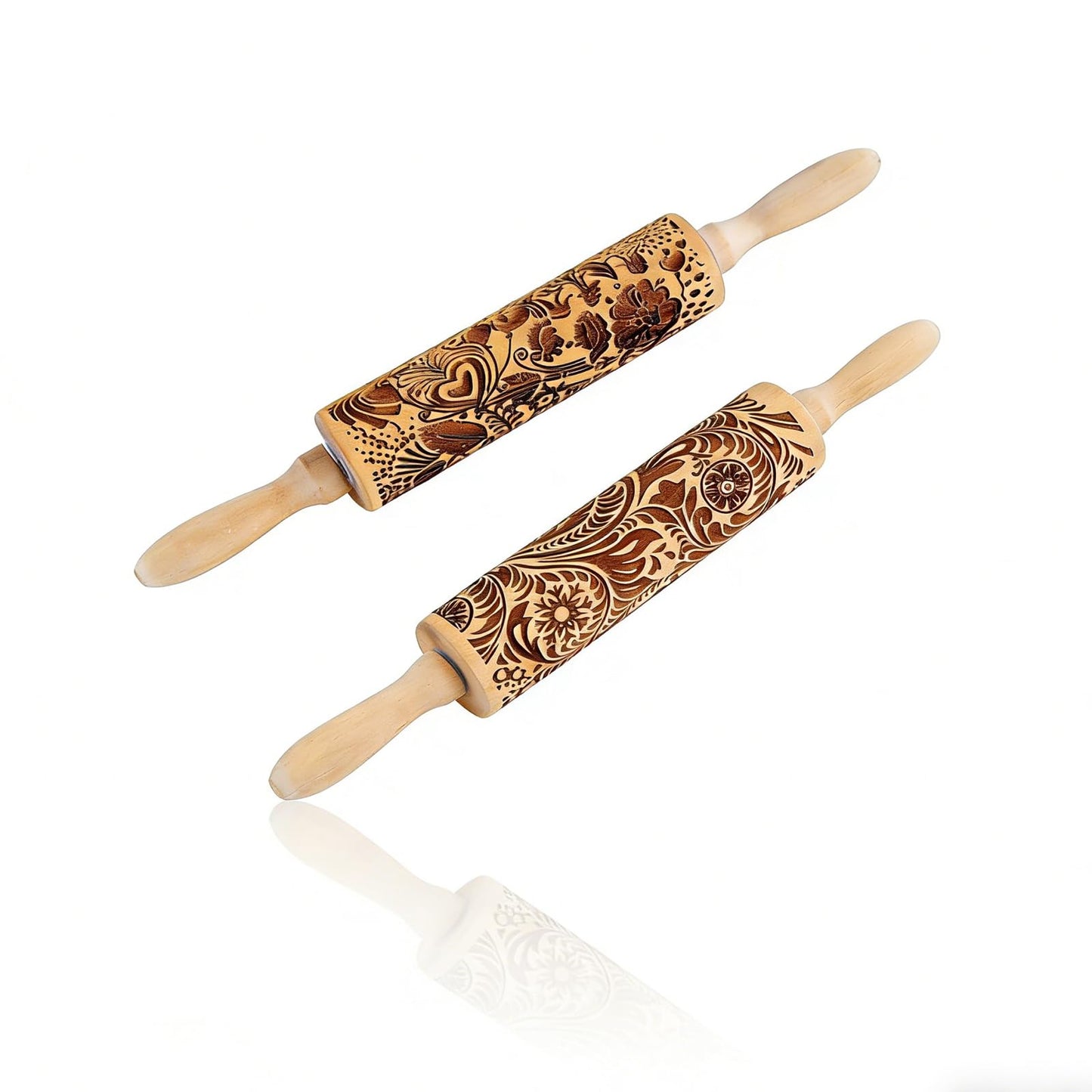 2 Pack Wooden Embossed Rolling Pin with Handles, Hardwood Dough Roller with Engraved Patterns, Kitchen Essential for Baking Pizza, Pies, Pastry, Cookies & Decorative Dough