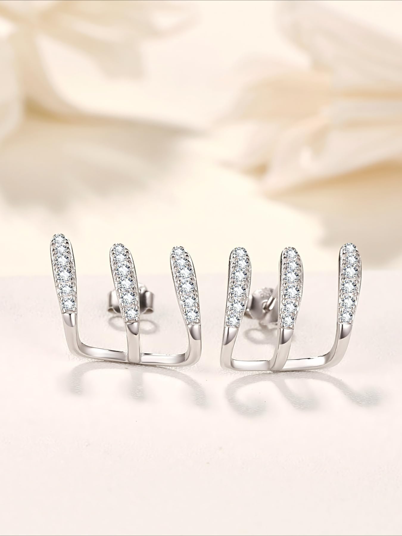 925 Sterling Silver Segment Triple Claw Curved Cubic Zirconia Earrings, Silver Hoop Earrings Stud Huggie Cuff Earrings