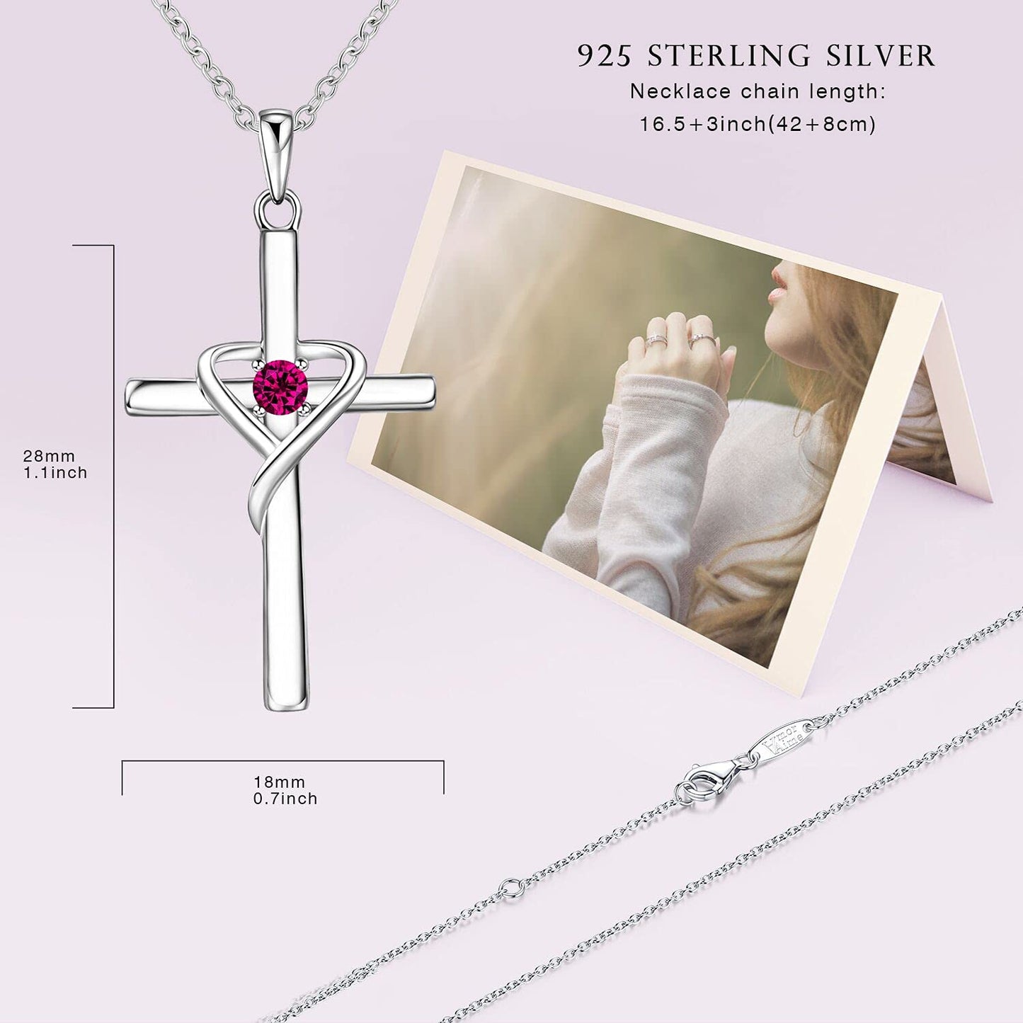 AmorAime 925 Sterling Silver Cross Necklace for Women Men 14K Gold Plated 5A CZ Birthstone Necklaces for Holiday (G.Dark Red-July-Ruby)