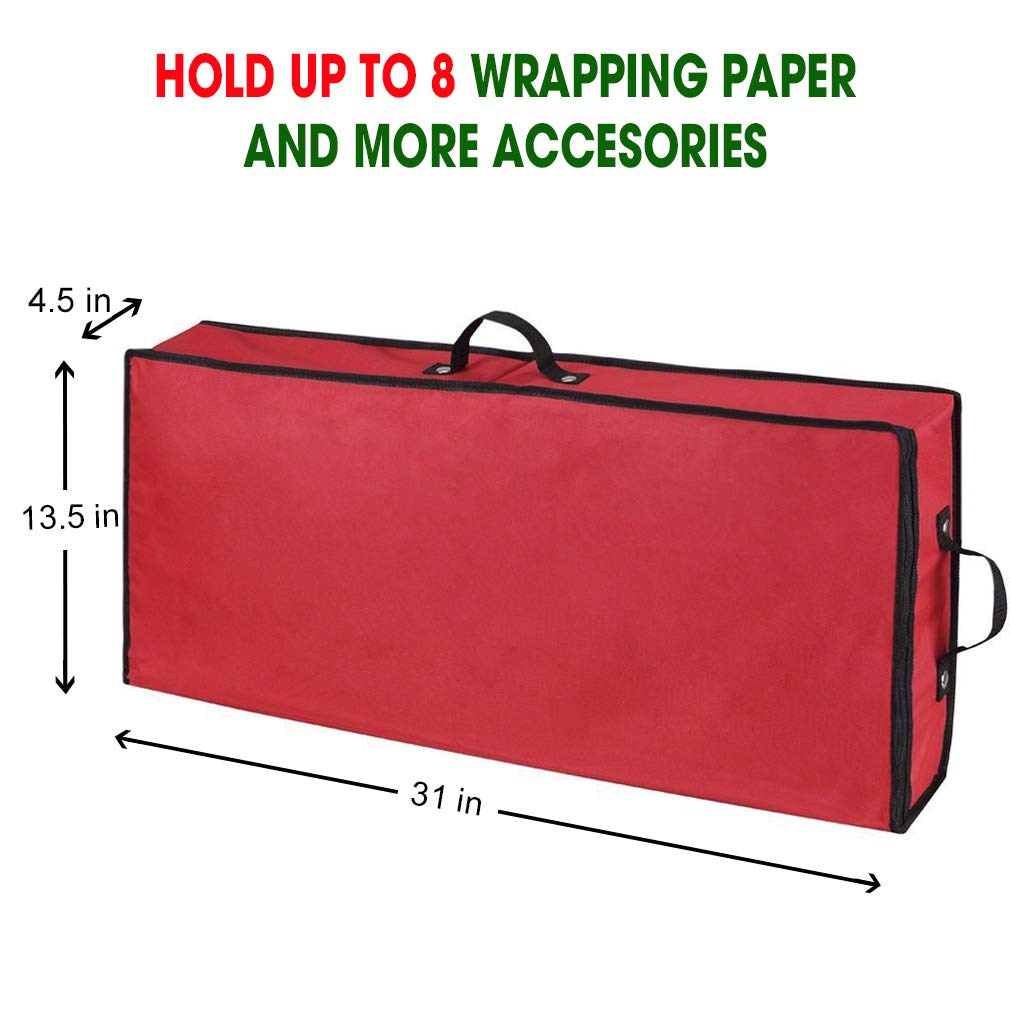 Primode Wrapping Paper Storage Container | Under Bed Gift Wrap Organizer for 30 Inch Rolls | 31”x13.5”x4.5” | 600D Oxford Material | Box Holder with Pockets for Ribbon, Bows, and Accessories (Red)