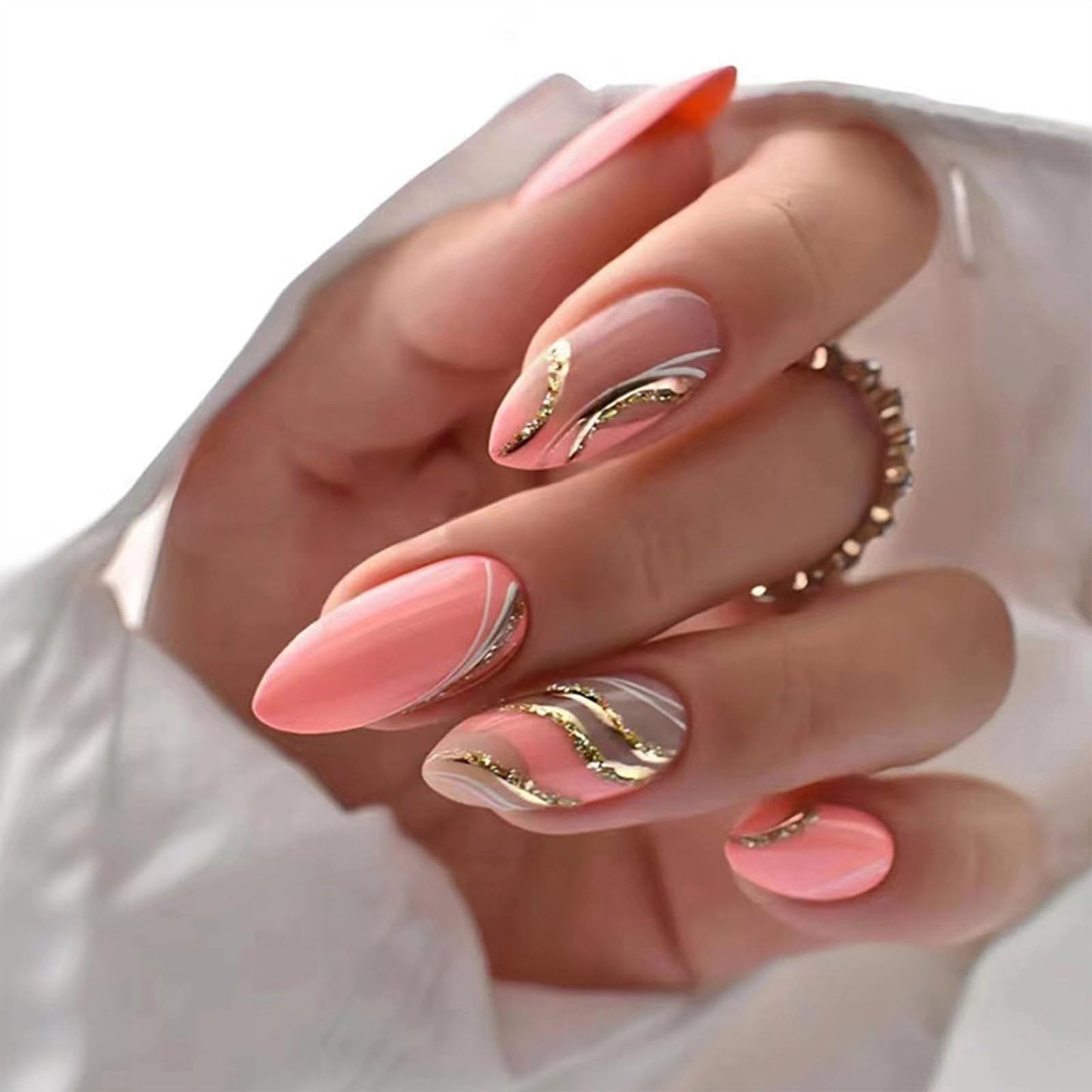 FJSMTOPl Pink Press on Nails Almond Fake Nails Press ons with Design Gold Swirl Medium False Nails Acrylic Glue on Nails Cute Glossy Full Cover Artificial Stick on Nail for Women Manicure 24Pcs