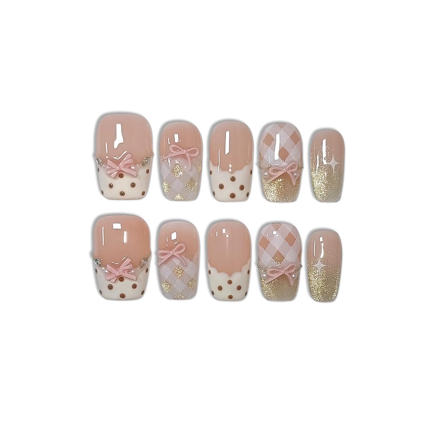 TENPAL 10Pcs Y2K Short Medium Coffin Press On Nails With Tools Kit,Light Pink Cat Eye French Fake Nails with Dot Bow Plaid Pattern,K-Beauty Acrylic Glue on Nails for Wedding Party Daily Wear(M)