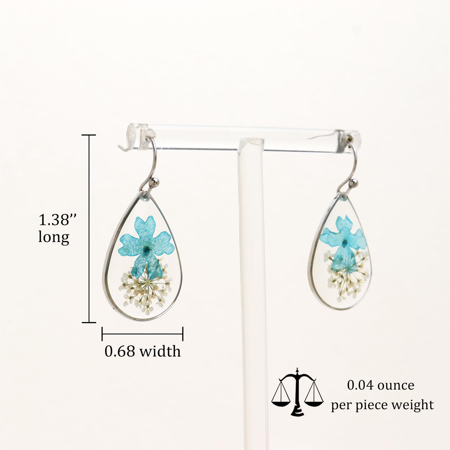 Jean Beau Handmade Pressed Flower Earrings for Women, Unique Blue Turquoise Dried Flowers Sterling Silver Teardrop Dangle Drop Nature Floral Earings Summer Jewelry Gift