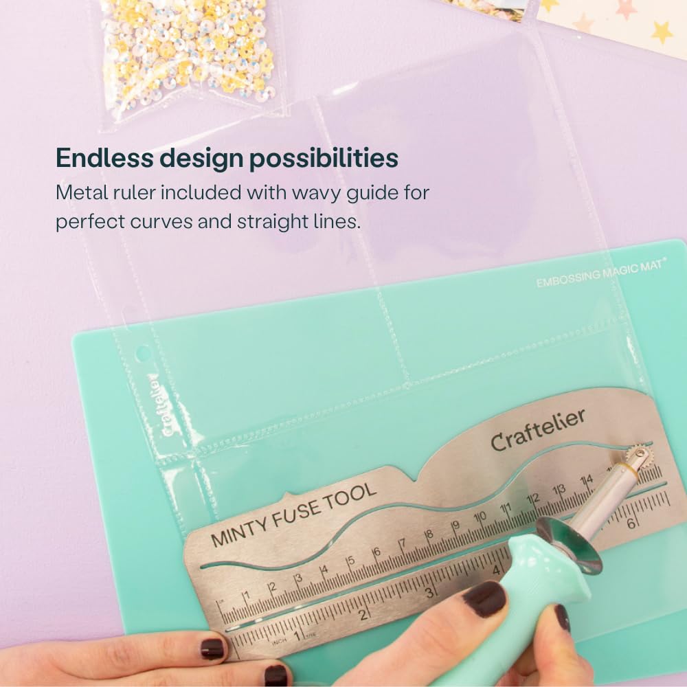 Craftelier - Minty Fuse Tool – Heat Sealing & Cutting Tool for Plastic Sheets, Create Custom Pockets, Shakers & Crafts – Includes Fine Tip, Toothed Tip, Metal Ruler Guide & Rest Stand – Mint Green
