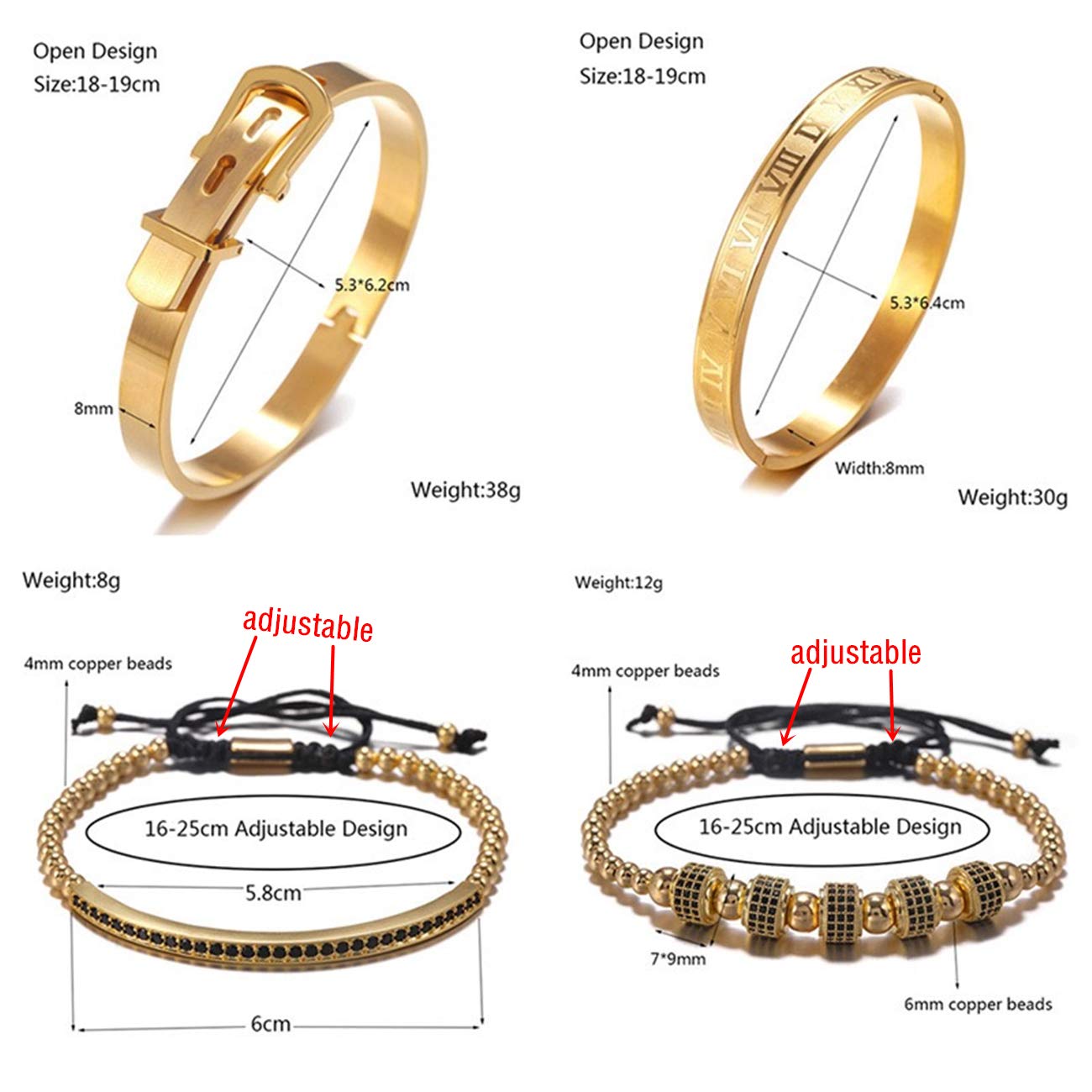 Jarlinwel Gold Silver Plated Bracelets for Men Women Roman Numeral Bangle Bracelet Stainless Steel Personalized Engraved Unisex Gift (4 Pcs Mens Gold Bangle)