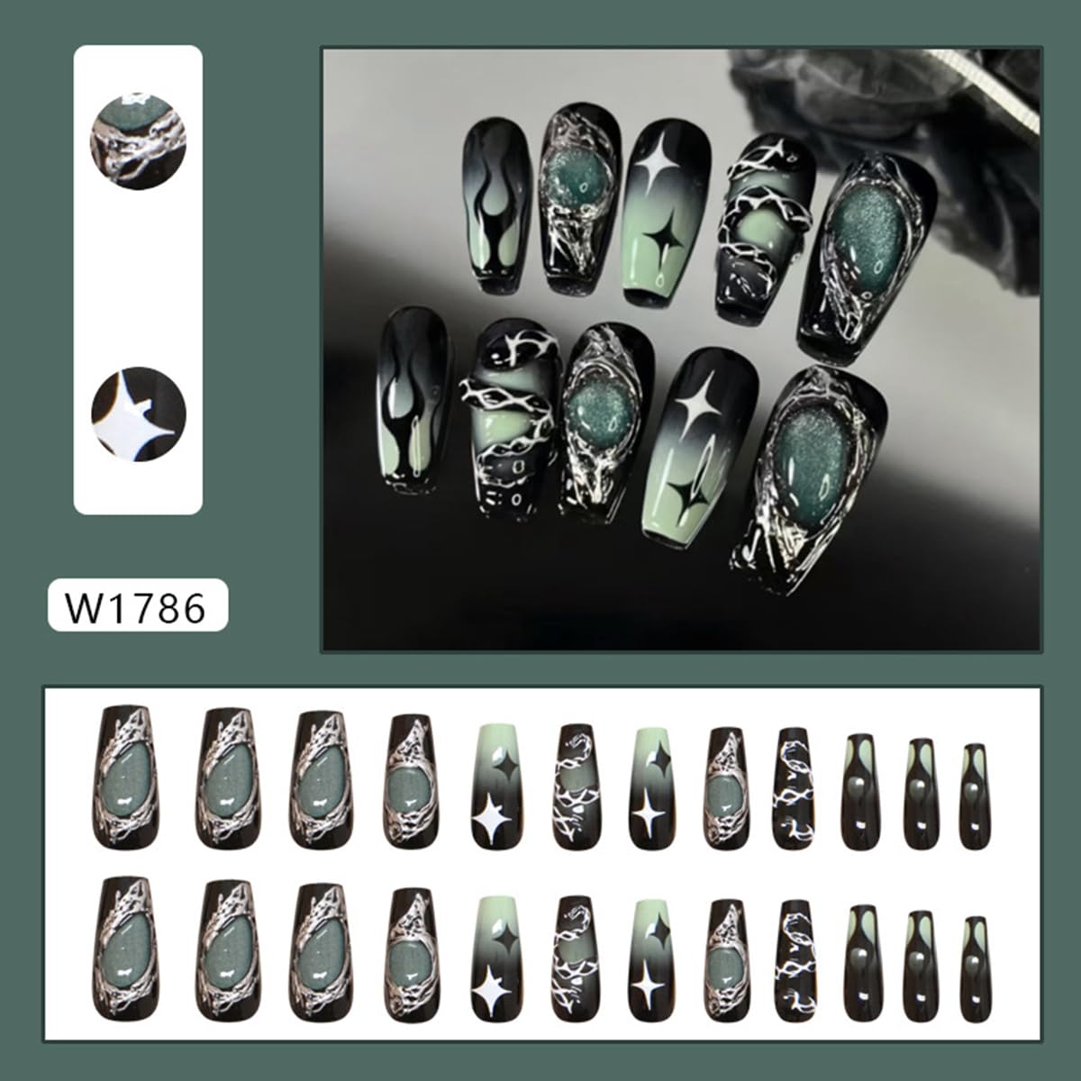 24Pcs Gothic Press on Nails Medium Coffin Fake Nails 3D Y2K False Nail with Star Irregular Silver Designs Black Green Gradient Glue on Nails Silver Metal Nail Tips Full Cover Dark Stick on Nail Set