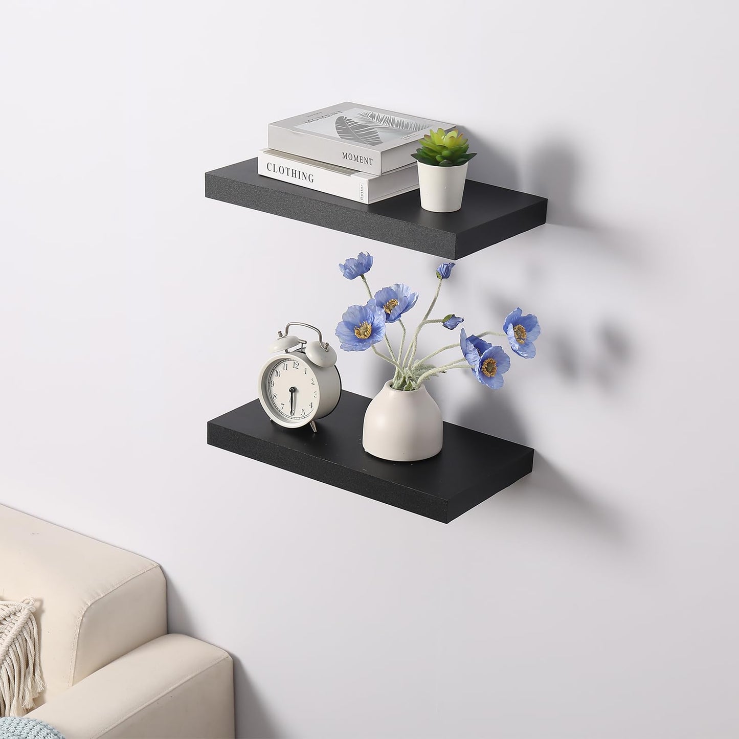 WELLAND Set of 2 Floating Shelves Wall Mounted Shelf, for Home Decor with 8" Deep (Black, 15 inch)