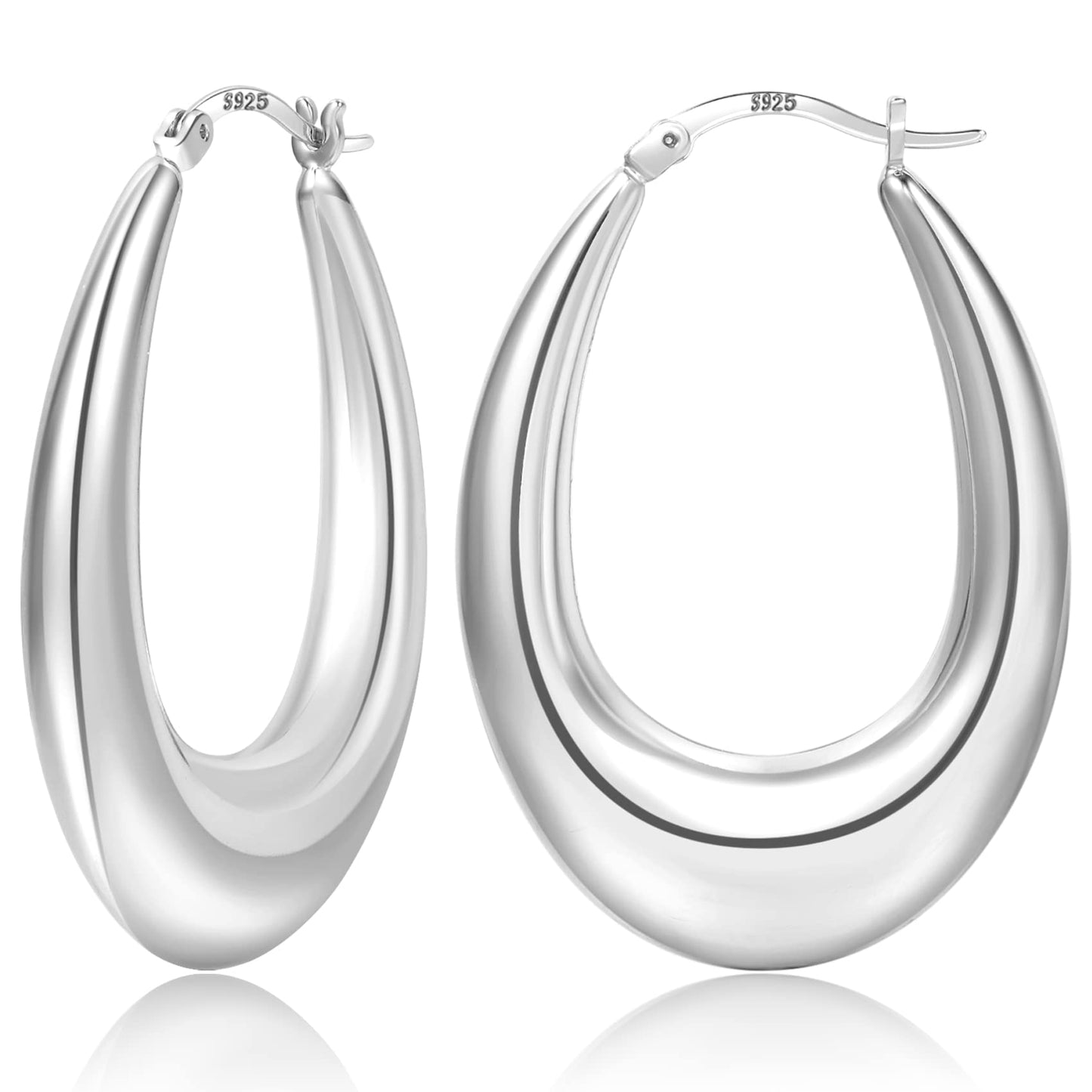 PABBEU Sterling Silver Chunky Oval Hoop Earrings, 40mm, Hypoallergenic, for Women