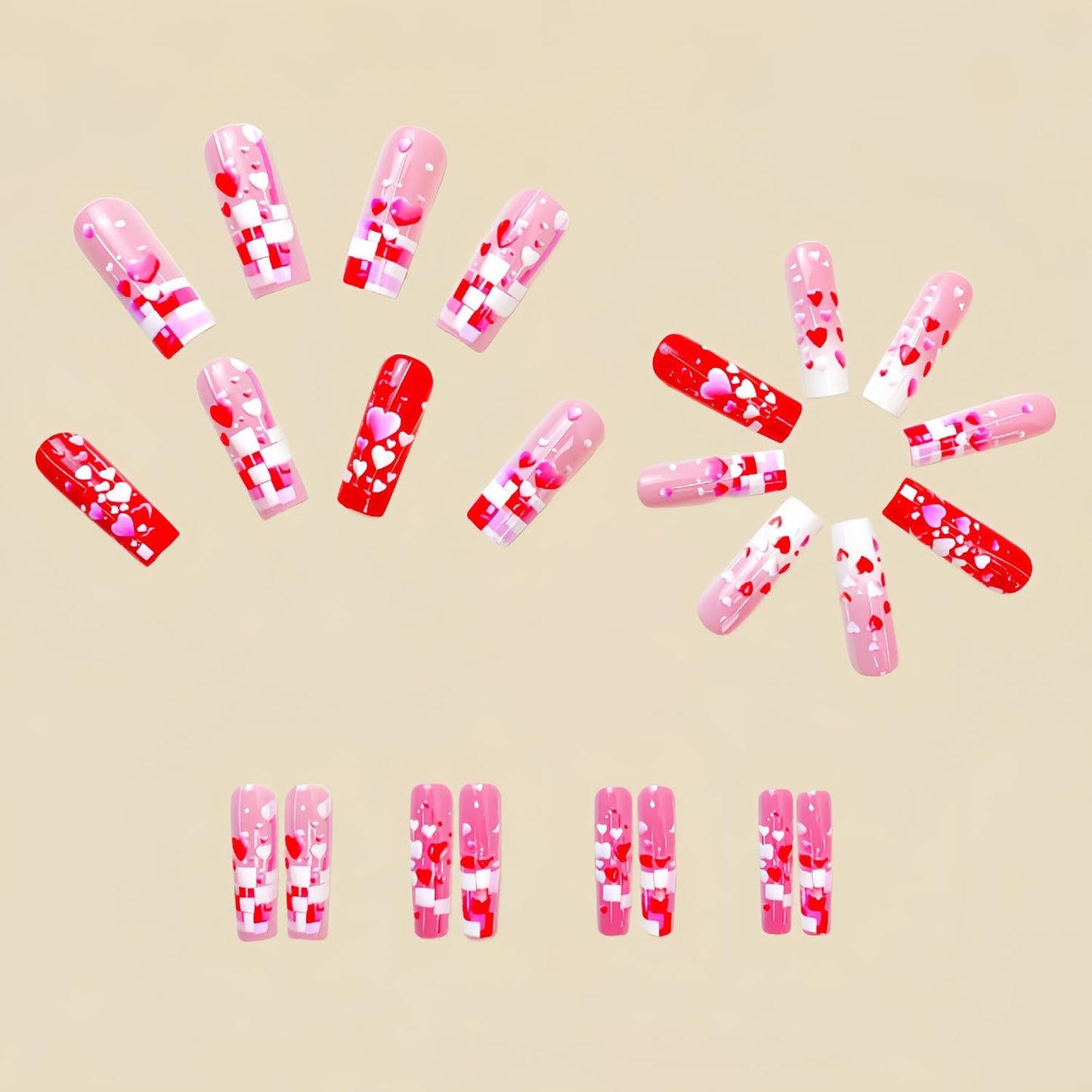Valentine's Press on Nails Long Length Valentine's Acrylic Nails 3D Pink Red Love Heart Design Full Cover Glue on Nails Glossy False Nails Valentines Stick on Nails for Women Holiday Nails