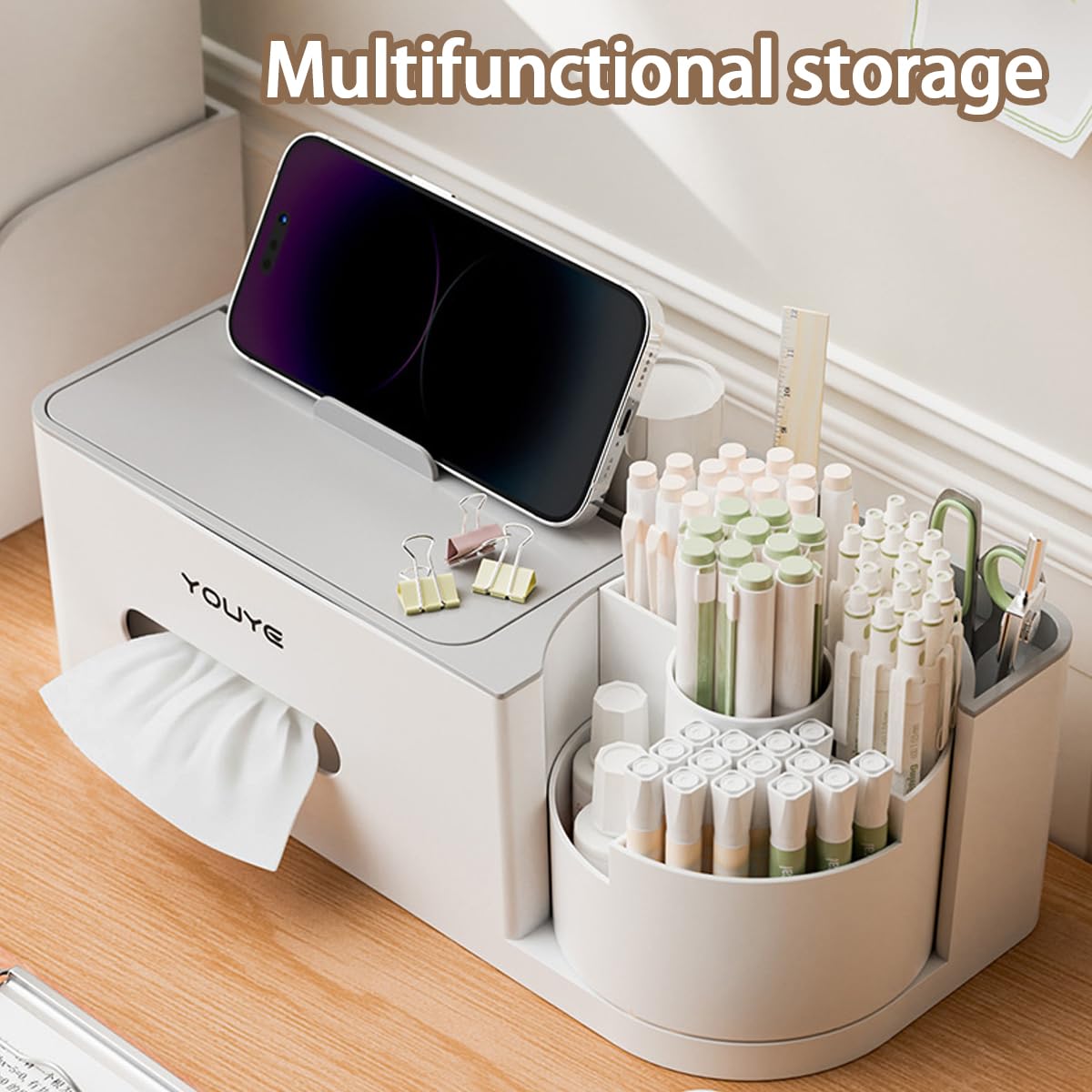 Aiabaleaft Multifunctional Organizer Rotating Brush Holder Makeup Organizer With Tissue Box for Study Table Living Room Dressers Home Office (Gray)