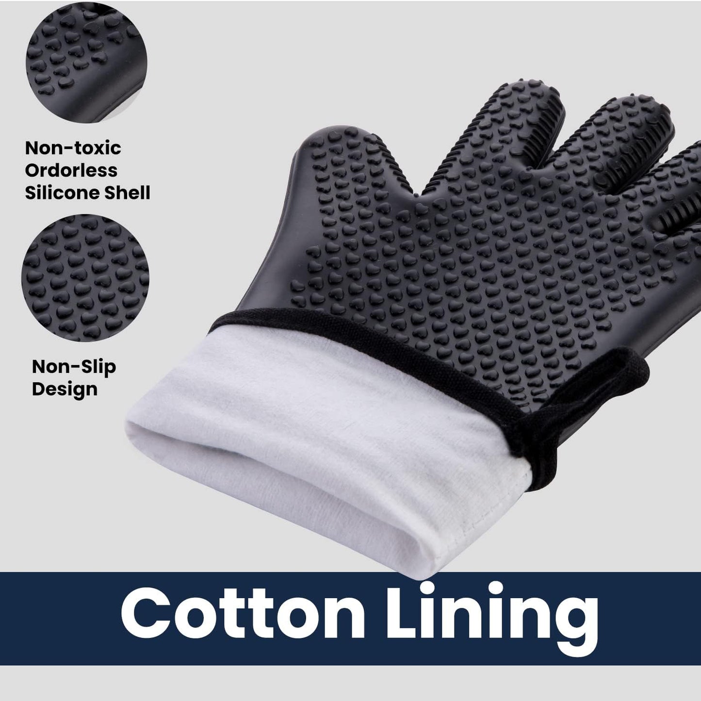 GEEKHOM BBQ Gloves Heat Resistant, 13.7 Inch Long Waterproof Silicone Oven Mitts for Grilling and Smoker, Non-Slip 5 Finger Kitchen Hot Mitts for Baking, Cooking & Cast Iron, Black