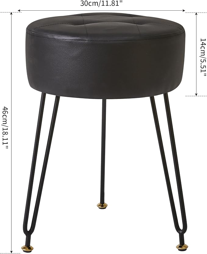 IBUYKE Faux Leather Round Footrest Stool, Makeup Vanity Stool Side Table, PU Dressing Table Seat, Pouf Couch Stool, Golden Steel Legs, Black LG-31B