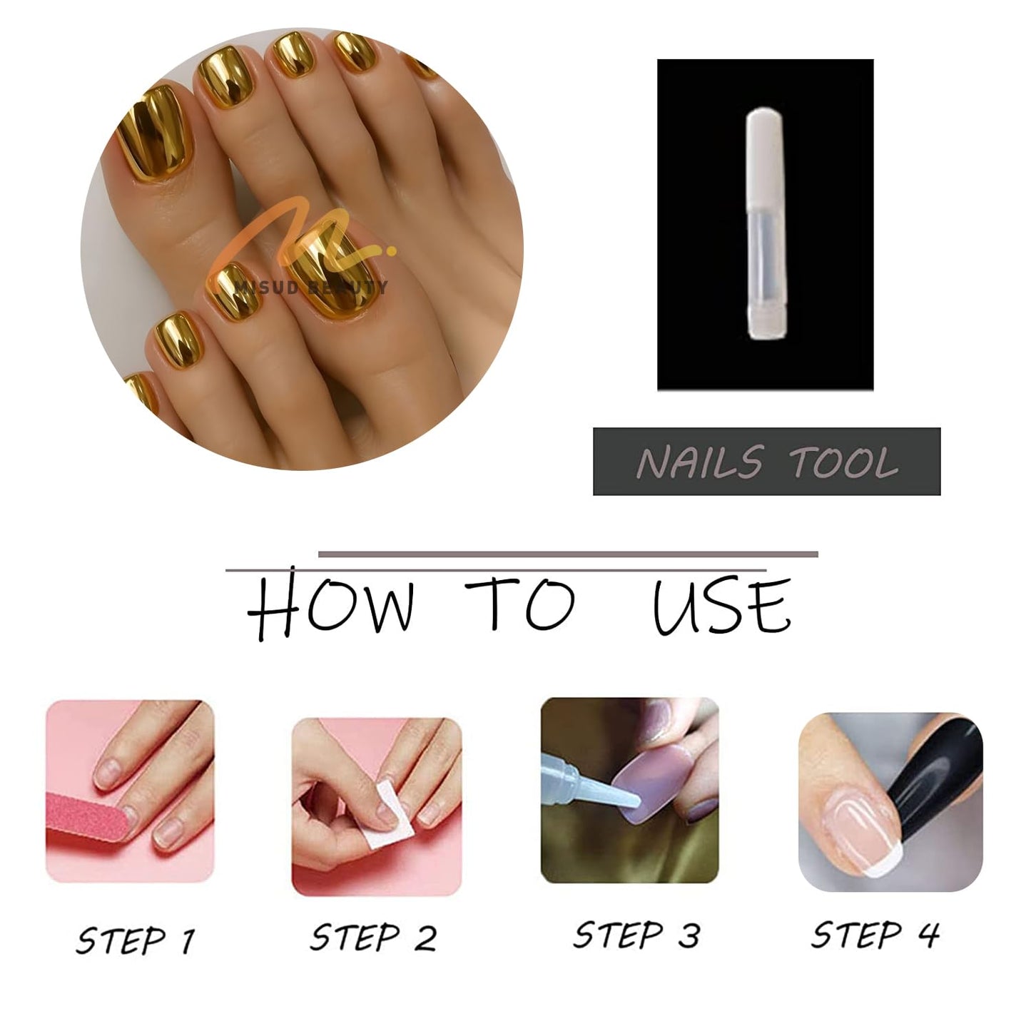 MISUD Press on Toenails - Fake Toe Nails with Bling Gold Chrome, Acrylic Toenail Metallic Design 24 pcs