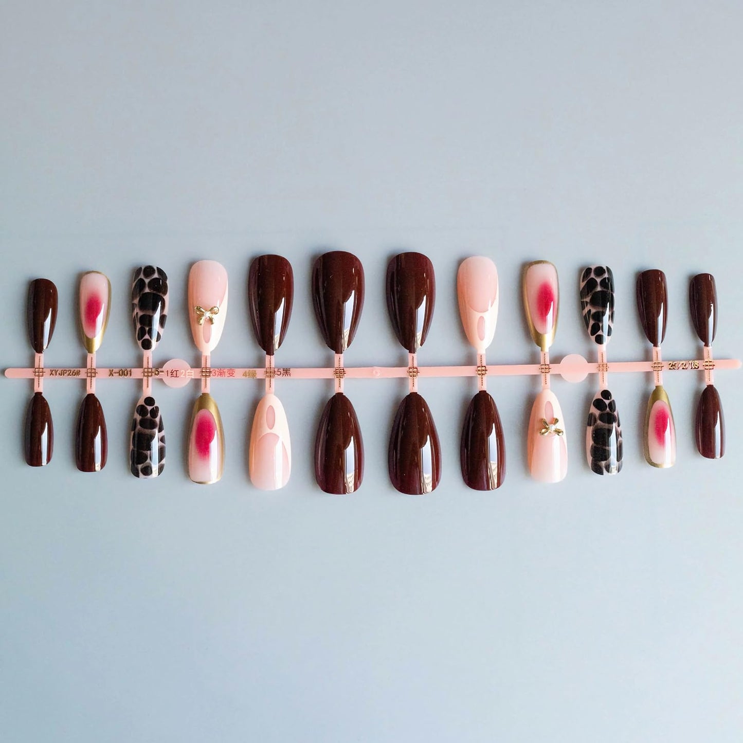 MISUD Press on Nails - Medium Almond Fake Nails with Fall Burgundy, Acrylic Cheetah Tortoise Design 24 pcs