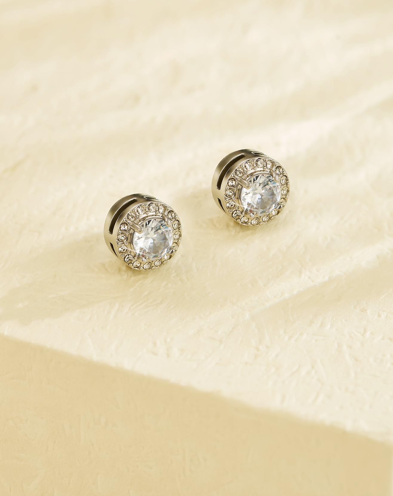 SIISPRI Magnetic Stud Earrings for Women Men, Non-piercing CZ Halo Studs, Hypoallergenic 18K Gold Plated Surgical Steel Clip on Stud Earrings Set for Sensitive Ears (Silver Tone-Set)