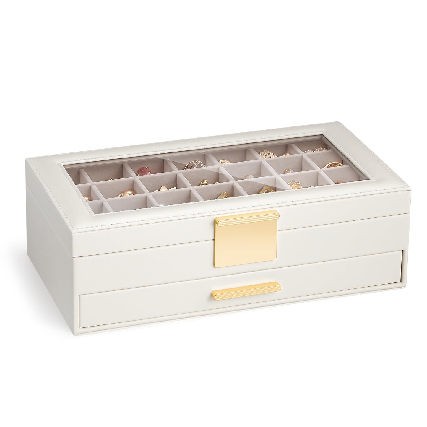 Lolalet Earring Storage Box Case with Glass Top, Large Earring Jewelry Holder Organizer Display with Drawer and Grid, Mothers Day Gifts -2 Tiers, Cloud White