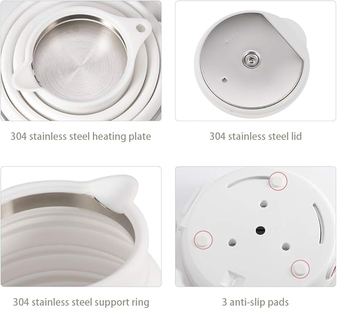 Ultrathin Upgraded Food Grade Silicone Travel Foldable Electric Kettle Boil Dry Protection Portable with Dual Voltage and Separable Power Cord,555ML 110-220V US Plug