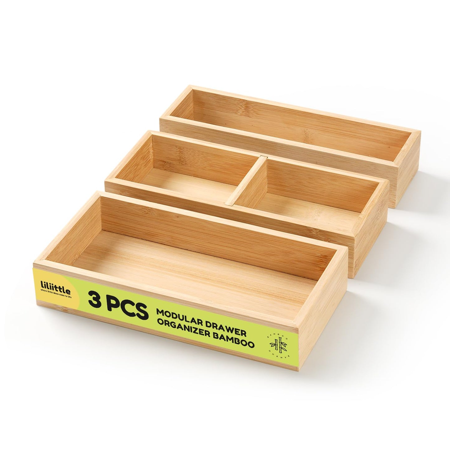 lilLittle Bamboo Drawer Organizer, 3 Pcs Kitchen Drawer Organizer Set, Multi Purpose Utensil Drawer Organizer, Silverware Organizer for Kitchen, Bathroom, Office, Junk Drawers