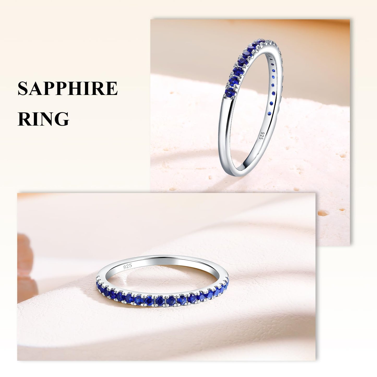 AGRULE 0.4 Cttw Sapphire Rings for Women Men Classic Silver Wedding Band with Gemstone Sterling Silver Half Eternity Band Rings Blue Stone Saphire Ring, Size 10