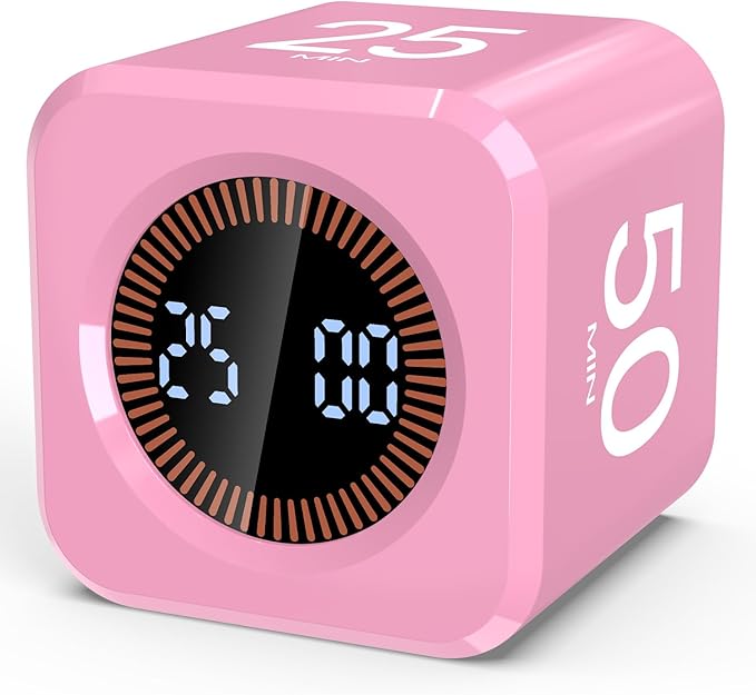 Pomodoro Timer Cube Visual Productivity Flip Timer for Kids Classroom Desk, 5/10/25/50min&Custom Countdown, Silent&Sound Mode Digital Cube for ADHD Study Work School Game Kitchen (Pink)