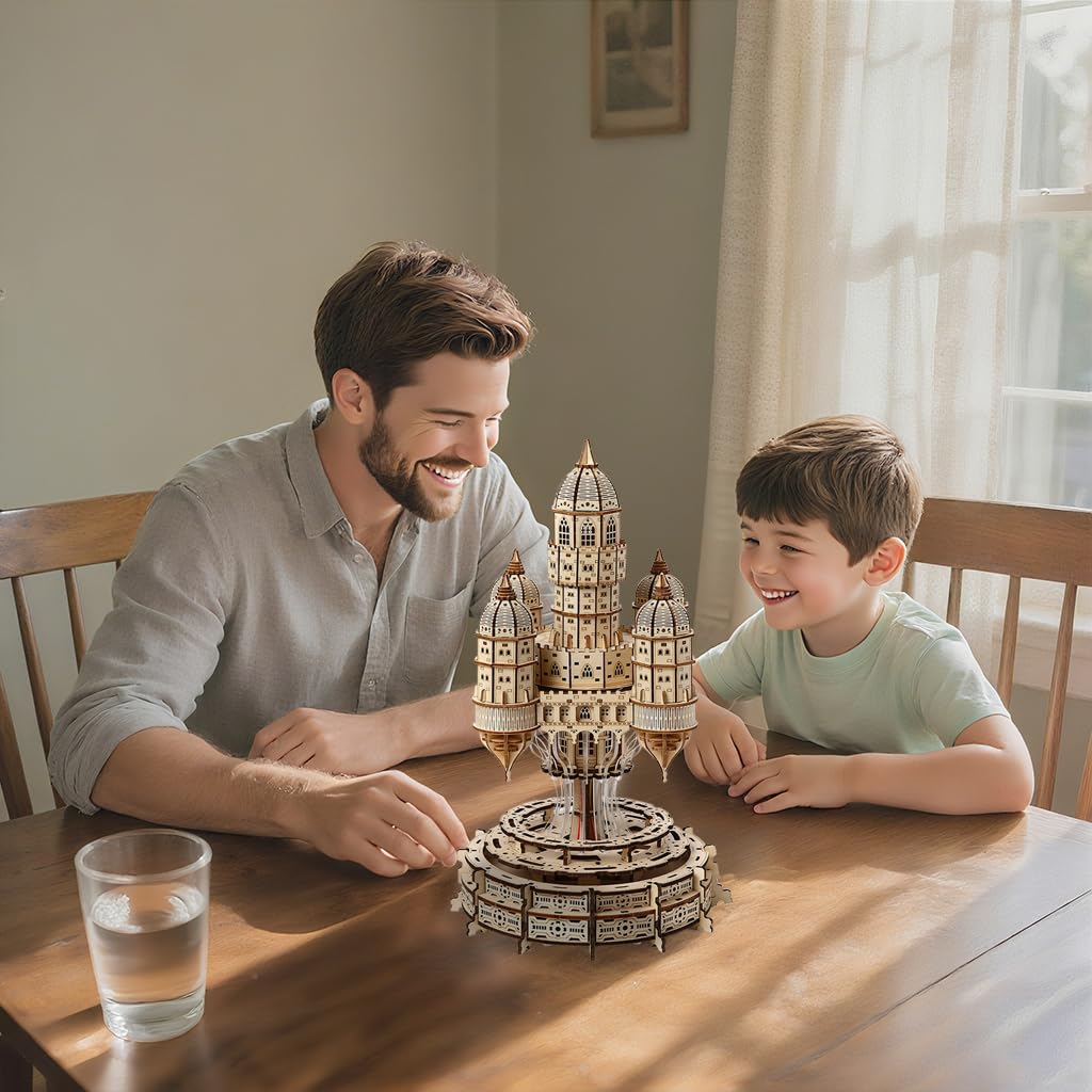 3D Wooden Puzzle for Adults Castle City in the Sky Music Box Puzzle Kit, 521 Pieces LED Light & Rotating Base DIY Mechanical Building Kit for Adults & Teens, Unique Home Decor & Creative Gift Idea