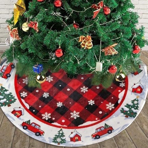 Snowflakes Car Farmhouse Buffalo Plaid Christmas Tree Skirts 36", Xmas Tree Cloth Mats Trees Skirts for Decor Gift, Home Decoration