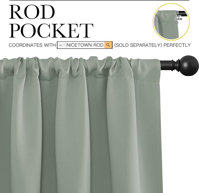 NICETOWN 2 Panels Blackout Curtains, Rod Pocket Thermal Insulated Drapes for Kitchen, Heavy Duty Small Window Treatment for Dorm Room, Studio Apartment, Basement (Greyish Green, W42 x L30)