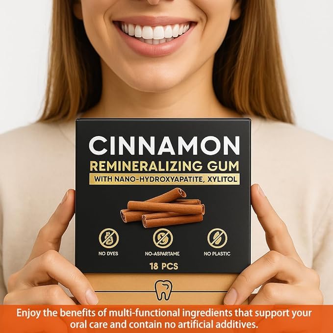 Cinnamon Remineralizing Gum with Nano Hydroxyapatite, Sugar-Free Xylitol and Tree Sap Blend for Daily Oral Freshness, Chewing Gum for Advanced Enamel Protection, No Gluten (2)