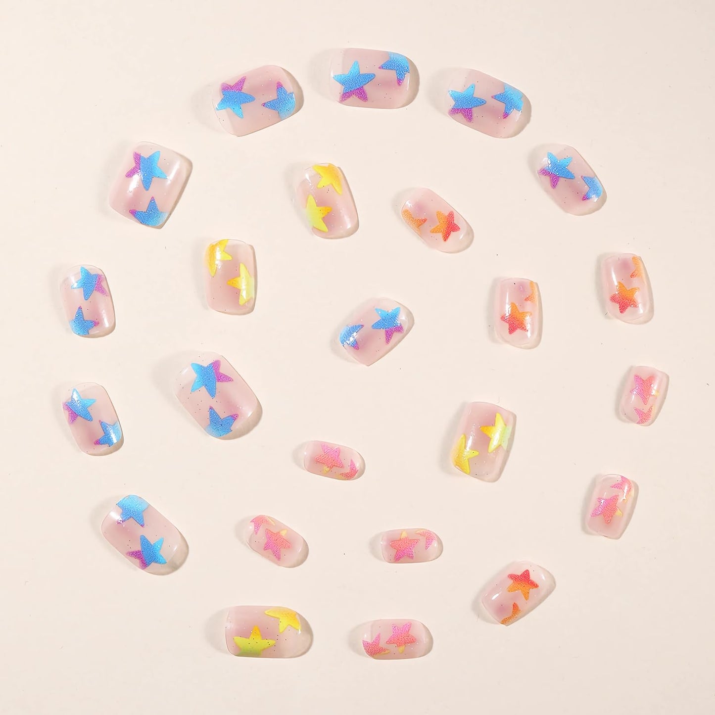 MISUD Press on Nails - Short Square Fake Nails with Colorful Star, Acrylic Bling Glitter Design 24 pcs