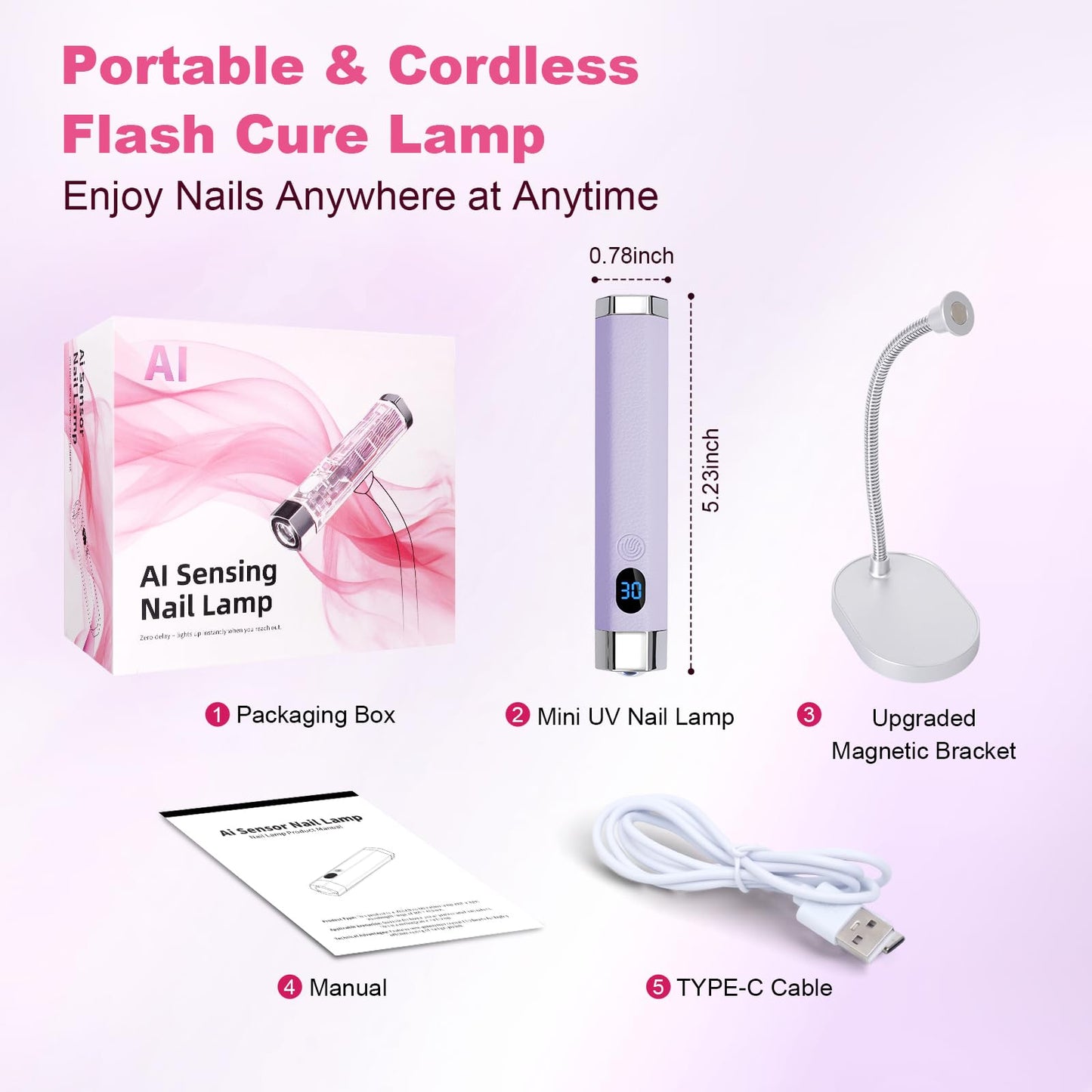 Lynsalene Handheld Mini Nail Lamp,Portable Flash Cure Light with Upgraded Magnetic Stand & Smart Sensor - Rechargeable Nail UV Light Fast Curing Gel Nails at Salon,Home & Travel (Purple)