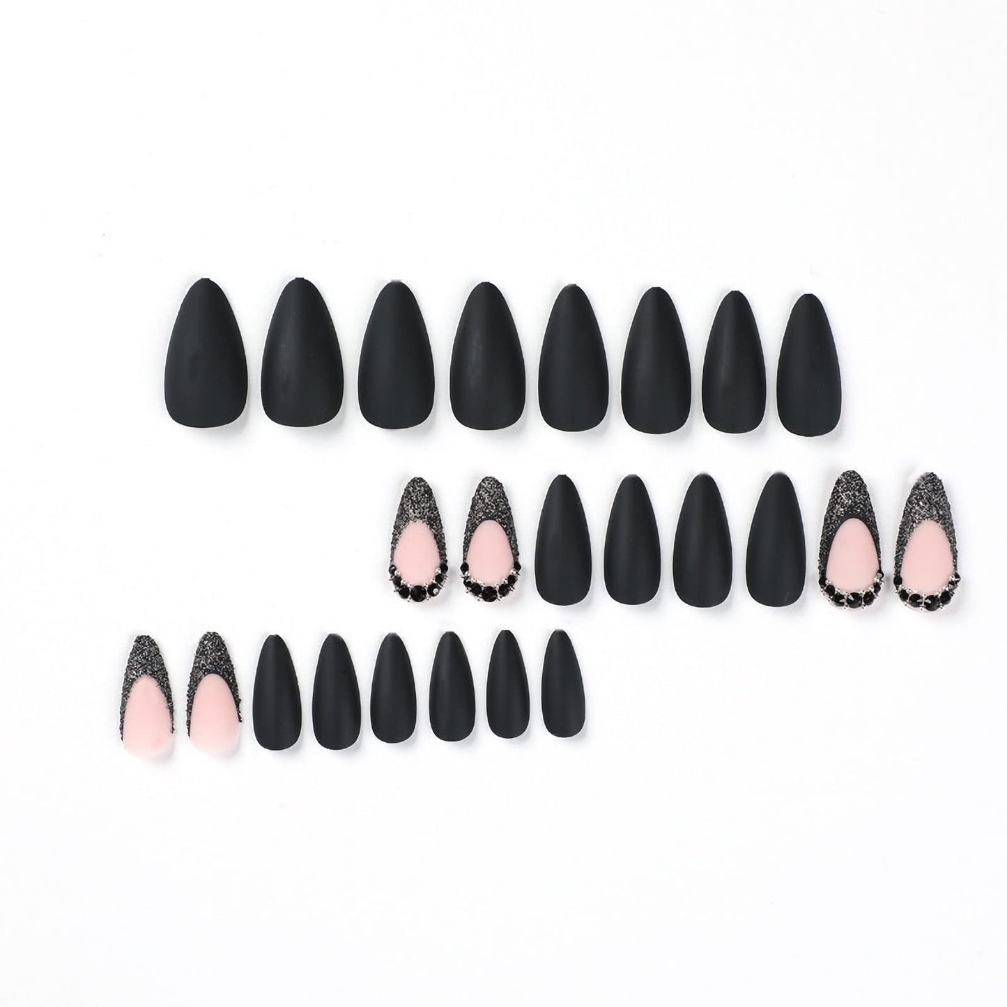 MISUD Press on Nails - Medium Stiletto Glue on Nails with Matte Black, Acrylic Bling Glitter Design 24 pcs