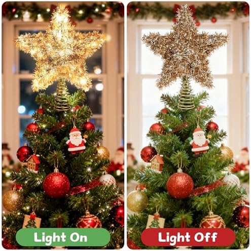 Christmas Tree Topper Star Shiny Gold Tinsel Star Tree Topper 10 Inch Lighted Tree Topper Battery Operated Christmas Tree Decoration for Holiday Indoor Decoration Warm White Light