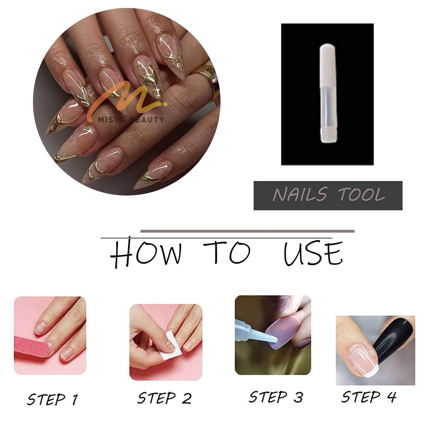 MISUD Press on Nails - Medium Almond Fake Nails with 3D Gold Chrome, Acrylic Bling Design 24 pcs
