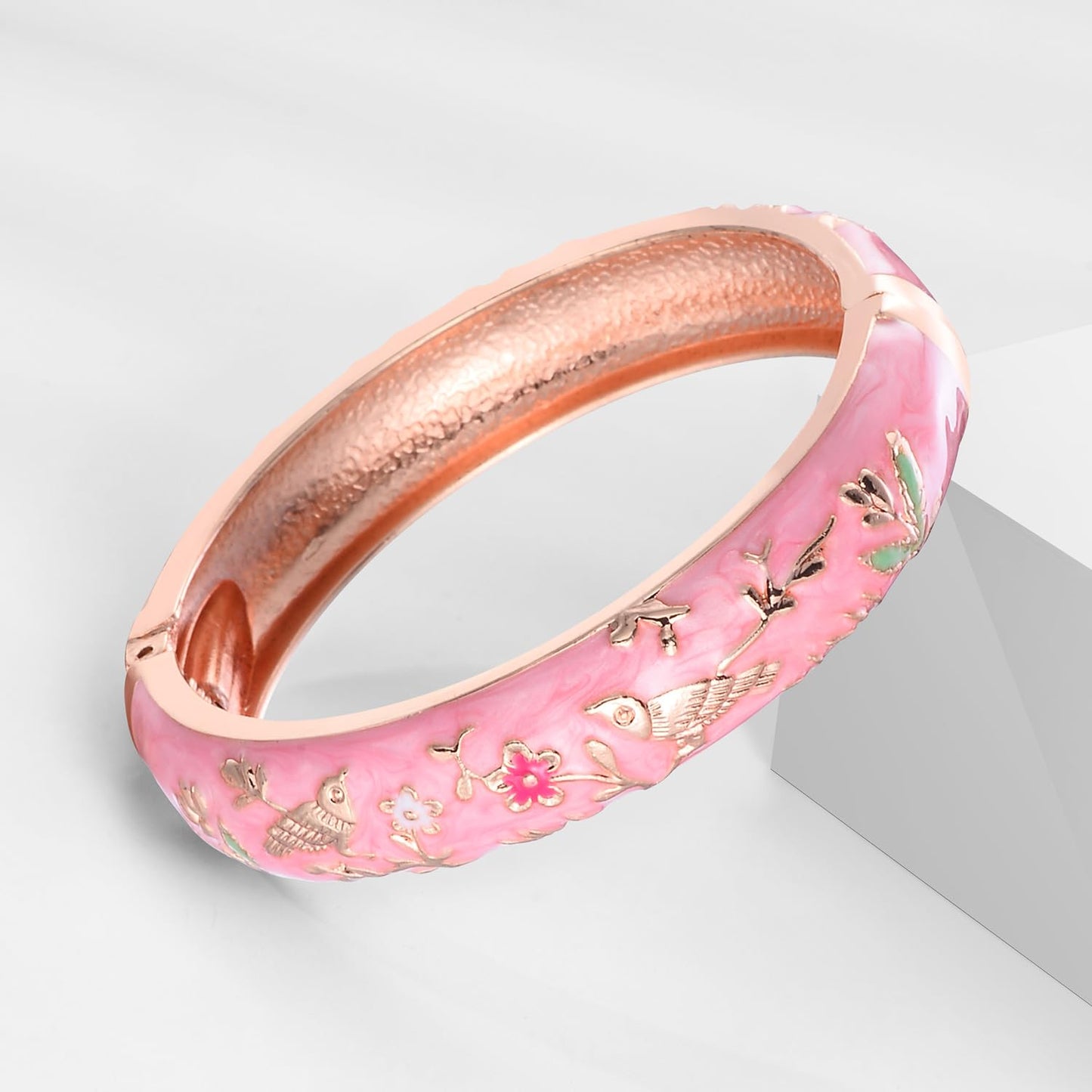 UJOY Colors Handcraft Jewelry Cloisonne Bracelet Enamel Hollowed Bird Spring Hinged Womens Bangles Gifts Box 88A31-55C49 Pink