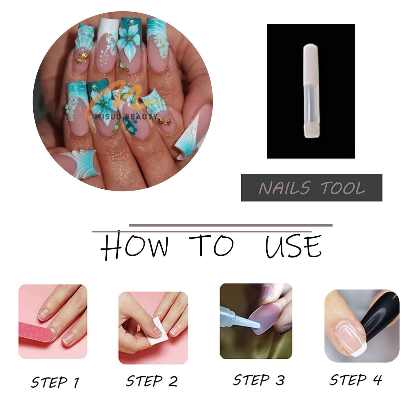 MISUD Press on Nails - Long Square Fake Nails with Green, Acrylic Handmade 3D Flower Design 24 pcs